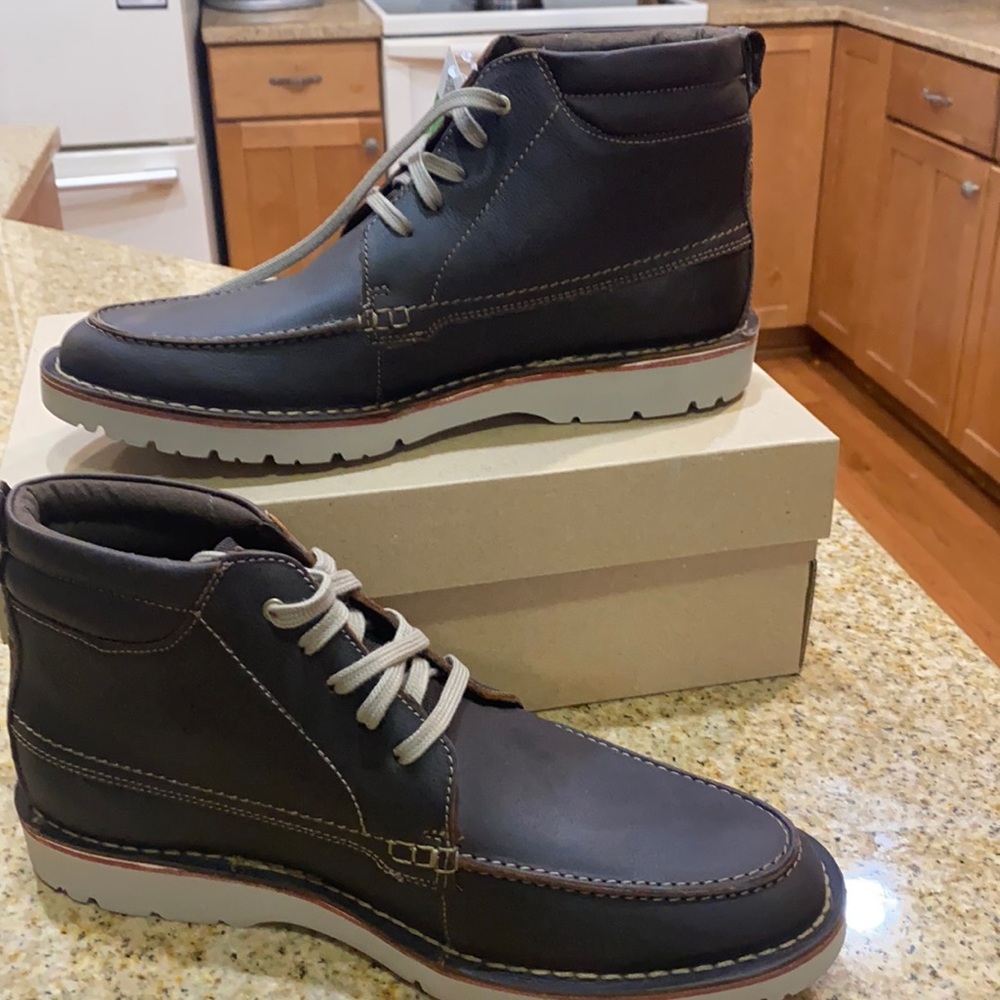NEW Clark’s brown leather boots. 12 wide.